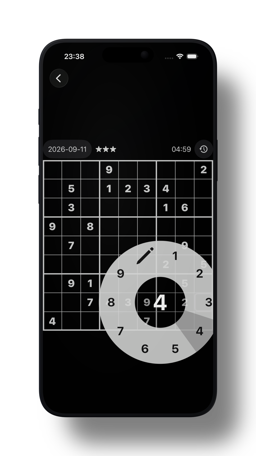 A sudoku board with sudoku42’s circular number wheel open
